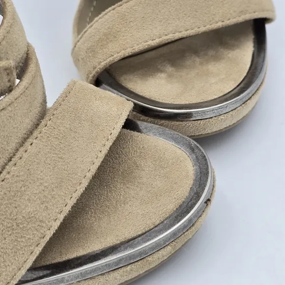 DKNY Deb Stiletto Heel Strappy Buckle Zip Moto Open Toe Sandals Taupe, Suede, 5M