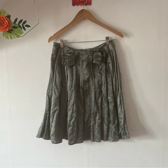 VTG silvery green Left of Center skirt sz 2 cotton/poly skirt bow sheer flowers